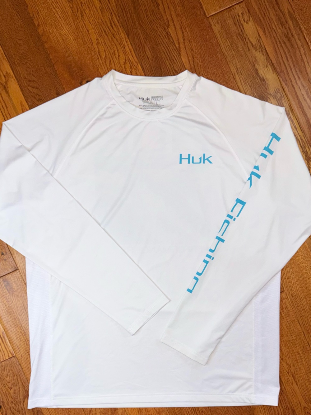 Huk White Long-Sleeve Performance Fish Tee with Blue Logo